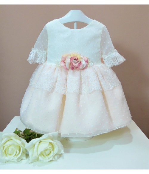 Vestido de tul  de plumeti beig y rosa