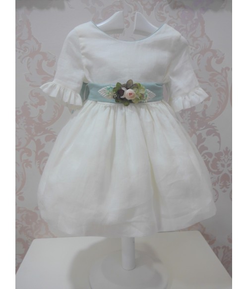 Vestido lino beig manga...